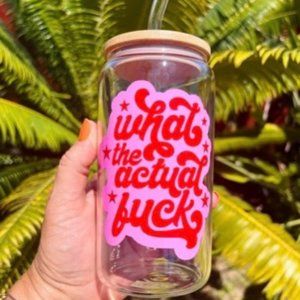 Funny 16 oz. can glass with bamboo lid and glass straw